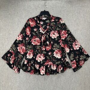 PLEIONE‎ Black Floral Bell Sleeve Tie Neck Peplum Blouse Top Womens L Chiffon